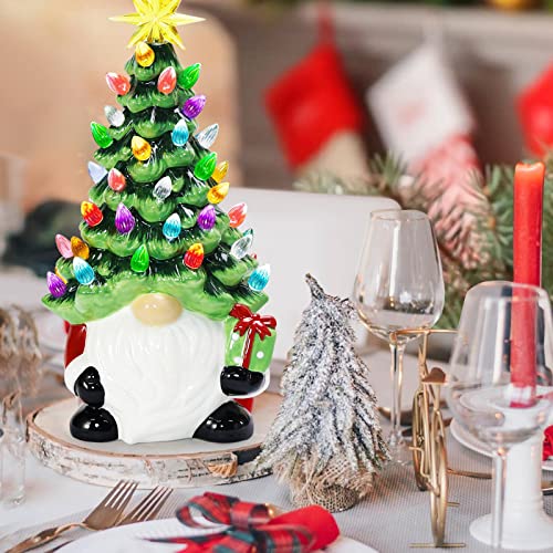 Lighted Ceramic Christmas Gnome Tree - 12 Inch Holiday Decor