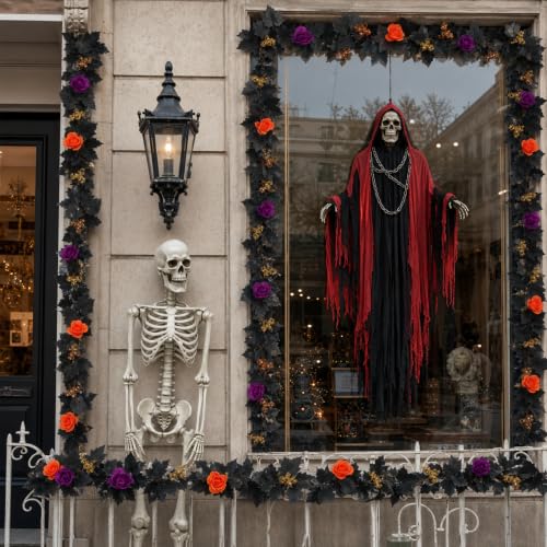 Halloween Garland 2 Pack - Purple Orange Roses with Gold Berries & Black Vines