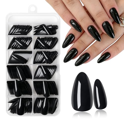 Black Almond Press On Nails Kit - 240pcs Medium Fake Nails with Glue & Adhesive Tabs