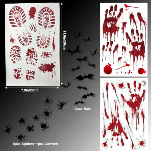 Halloween Window Stickers - Spooky Handprint Bat Spider Cling Set - Reusable Decor