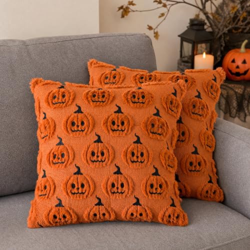 Halloween Pillow Covers 16x16 Set of 2 - Rust Red Pumpkin Tufted Decor