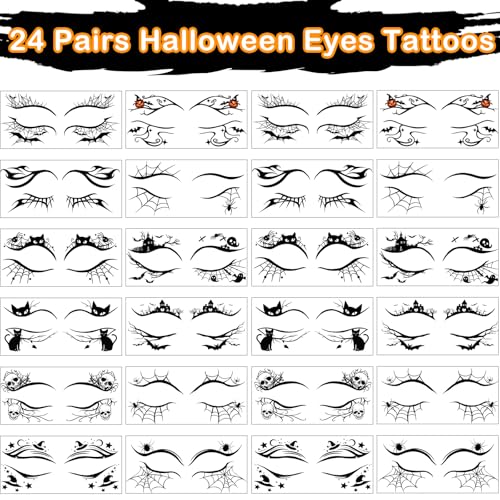 Halloween Eye Shadow Temporary Tattoos Set - 24 Sheets Spider Web Bat Pattern Eyeliner Stickers for Face & Eye Makeup - Variation of THIS LISTING