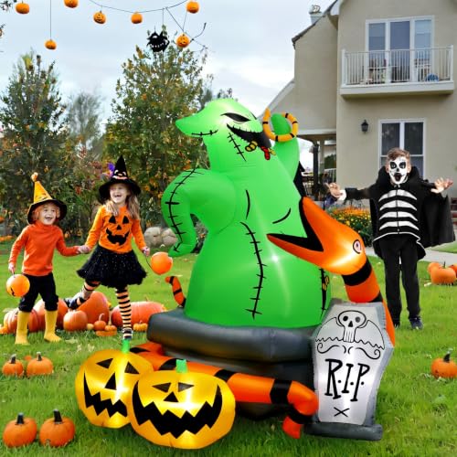 6Ft Halloween Inflatable Outdoor Decoration with Green Monster, Pumpkins, Tombstone & LED Lights