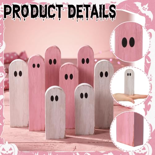 Halloween Wooden Ghost Figurines Set - Freestanding 8 Pcs, White & Pink, Rustic Farmhouse Decor