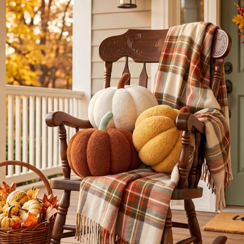 Pumpkin Throw Pillows Set - White and Brown Halloween Fall Decor 11.8 x 6 inches