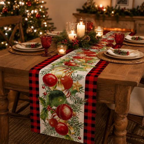 Christmas Gingham Table Runner 13x72 inch - Red & Black Plaid Holiday Decor