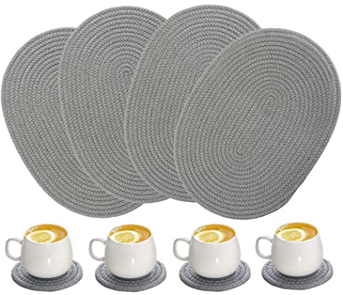 Gray Oval Woven Placemat Set of 4 with Round Coasters - Cotton Rope Table Mats