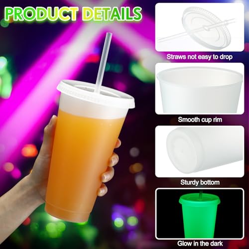 Glow in the Dark Halloween Cups - 24 oz Fluorescent Green, 30 Pack with Lids & Straws