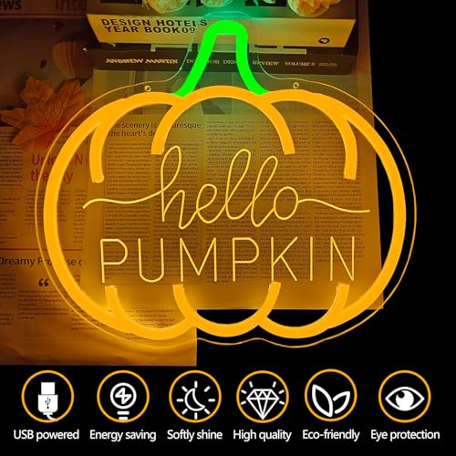 Hello Pumpkin Neon Sign for Wall Decor Fall LED Light Up Sign Dimmable Autumn Halloween Thanksgiving