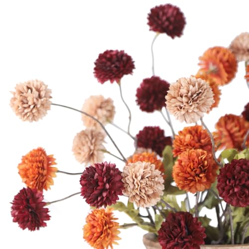 Artificial Flowers Mix 9pcs Faux Silk Chrysanthemum Stems - Coffee, Burgundy & Burnt Orange