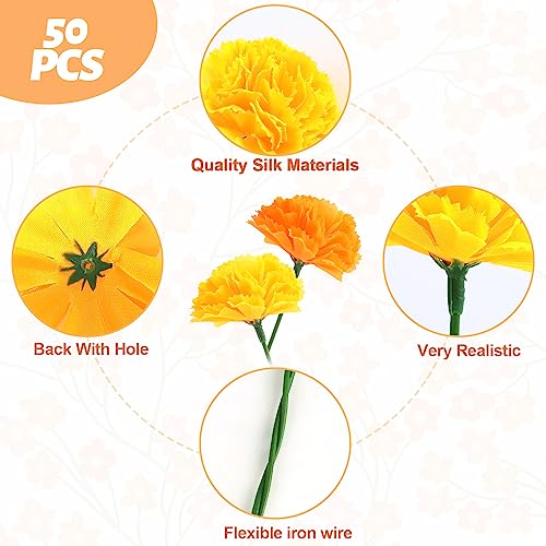 Yellow Artificial Marigold Flowers Bulk 50 Pcs for Day of the Dead Decorations - Faux Silk Floral Stems