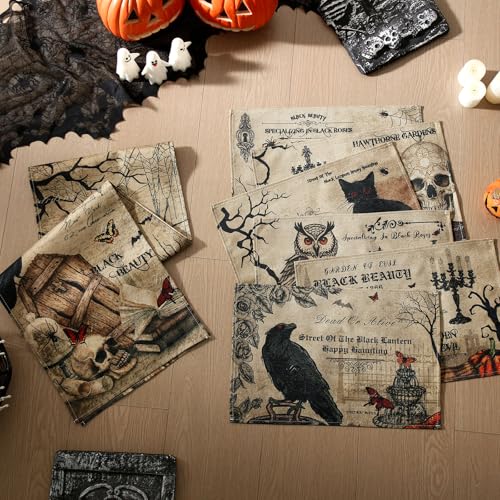 Gothic Halloween Placemats with Runner Set - Spooky Forest Skull Bat Table Decor