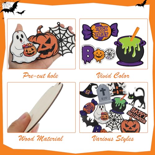 Halloween Tree Ornaments Set - 36 Wooden Decorations with Ropes - Halloween