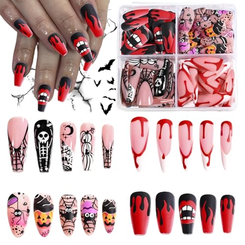 Halloween Press On Nails 96 Pcs with Adhesive Tabs - Pumpkin Spider Bat Design - Halloween Nail Art - Variation: Halloween Nail 1 Box