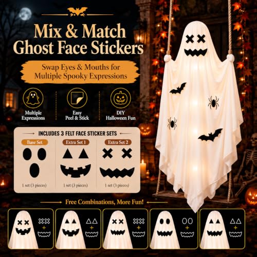 White 5 FT Hanging Ghost Swing Halloween Decoration with Lights & DIY Face Stickers