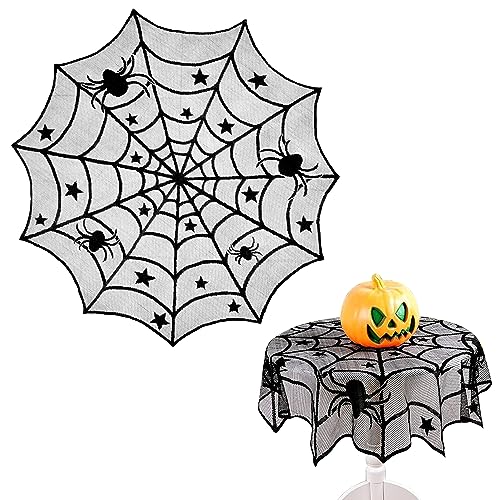 Halloween Black Lace Spider Web Tablecloth - 40 Inch Round Table Decor