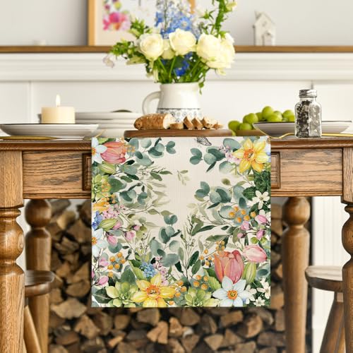 Spring Eucalyptus Table Runner 13x48 Inch - Green and Yellow Seasonal Decor