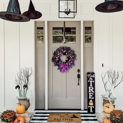 Halloween Door Wreath - 22 Inch Black & Purple Wreath with Witch Ornaments & Bow - Idyllic