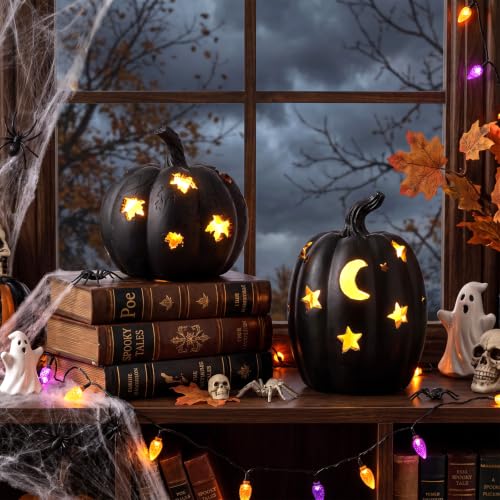 Moon Stars Black Resin Light-Up Pumpkin Figurine - Halloween Decor, 5.3"