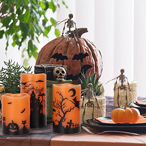 Orange Halloween Flameless Candles with Timer - 3 Pack Real Wax Pillars for Home Decorations