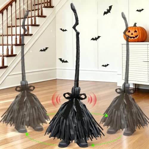 Halloween Animatronic Witch Broom Prop - Sound Activated, 36 Inch Decor