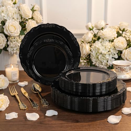 Black Plastic Dinnerware Set - 150Pcs Disposable Plates & Gold Cutlery for Party