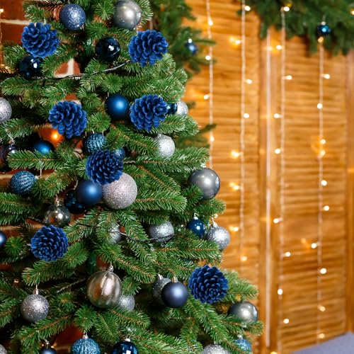 Blue Christmas Pine Cone Picks Set of 12 - Glitter Holiday Tree Decorations