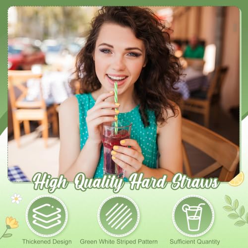 Reusable Plastic Straws Bulk - Green & White Stripe, 50 Pack