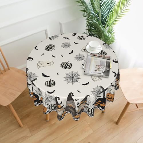 Halloween Round Tablecloth 60 Inch Pumpkin Ghost Spiderweb Water Resistant Fabric - Home Decor