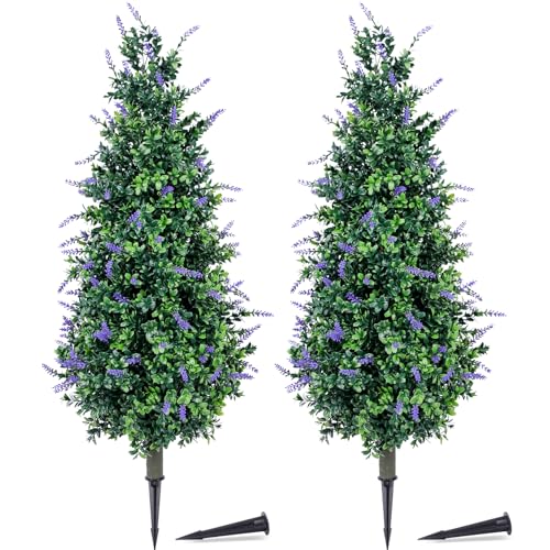 3ft Lavender Artificial Topiary Trees Set of 2 Outdoor Faux Plants - UV Resistant, Realistic Bushes for Garden & Porch (Lavender, 36in)