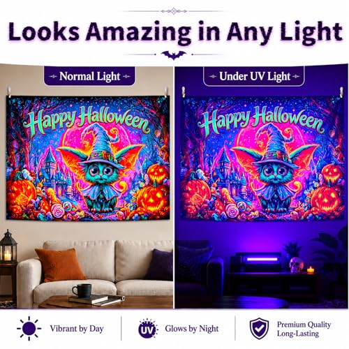 Halloween Wizard Cat UV Reactive Glow Wall Tapestry, 90x70 Inches - Spooky Backdrop