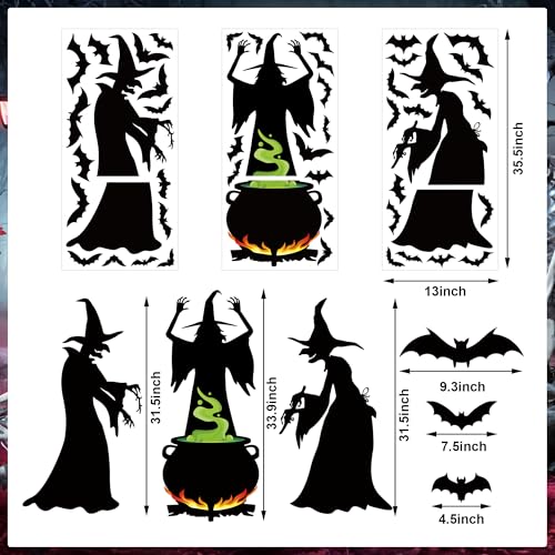 Halloween Witches Window Clings Set - Extra Large 3 Sheets, Reusable PVC Decor for Glass & Windows