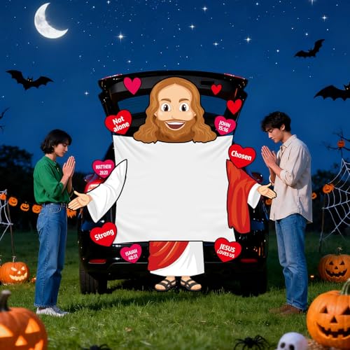 Religious Car Trunk Decorations Kit for Halloween - Jesus Backdrop & Scripture Cards