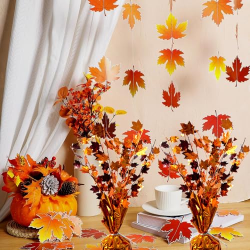 Fall Maple Leaves Table Centerpiece - Metallic Autumn Harvest Thanksgiving Decor - Gold, Orange, Red, Burnt Orange - 6 Pack