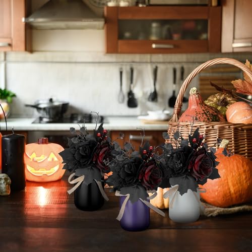 Halloween Mason Jar Decor Set with Artificial Black and Red Flowers - Centerpieces for Home and Party