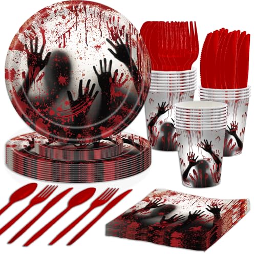 Bloody Halloween Party Dinnerware Set for 24 Guests - Zombie Horror Plates & Napkins