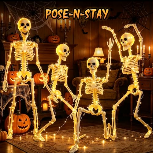 2 Pack 36-Inch Light Up Halloween Skeletons Full Body Posable Decor - Waterproof & Movable Joints