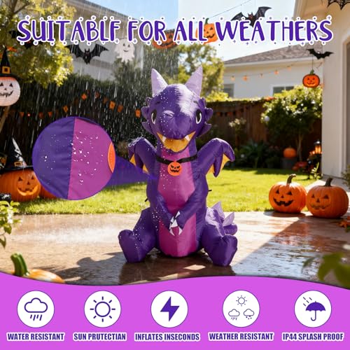 5 Ft Halloween Inflatable Purple Dragon with LED Lights for Yard & Garden Decor