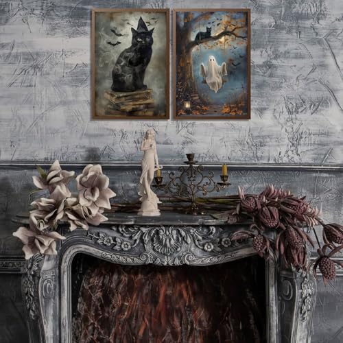 Halloween Wall Art Black Cat Ghost Poster 16x24in Unframed - Dark Academia Decor (Variation of Poster / 24L"x16W")
