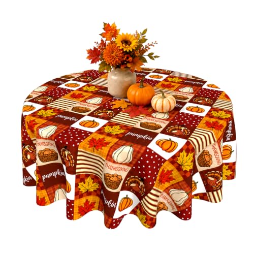 Fall Round Tablecloth 60x60 Inch Thanksgiving Pumpkin Decor with Variation Red Brown Yellow