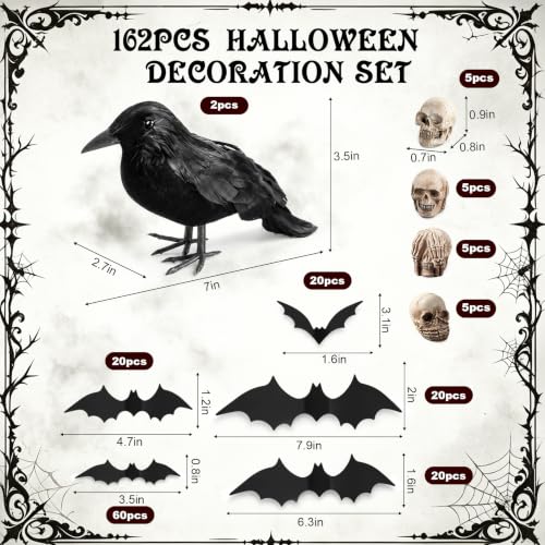 Halloween Decorations Set with Black Crows, Mini Skulls & Bats - 162 Pieces