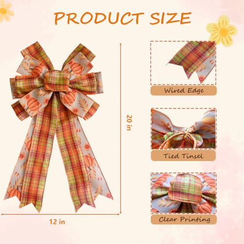 Large Fall Bow for Wreaths & Door Decor - Pumpkin & Plaid Harvest Decoration