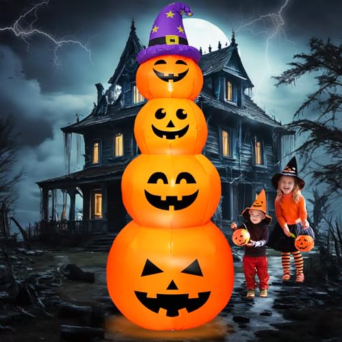 8FT Stacked Pumpkin Inflatable with Witch’s Hat and LED Lights - Halloween Yard Decor