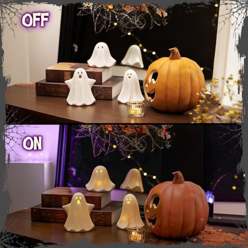 Light Up Ghost Halloween Decor - White Ceramic 5-Inch Halloween Table Figurine — Cute & Spooky Party Decor