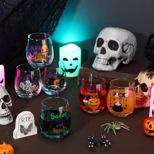 Halloween Wine Glass Set - Spooky 12oz Stemless Drinking Cups for Party, Gift, Halloween Decor