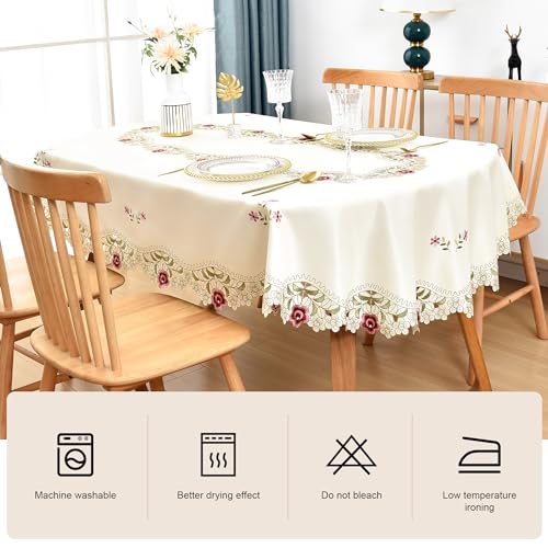 Oval Embroidered Jacquard Floral Tablecloth 60 x 84 Inch - Beige, Sturdy & Elegant Variation of THIS listing