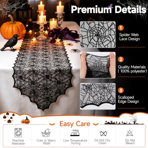 2pcs Halloween Lace Table Runner 18x72 Inches Black Spider Web Decor