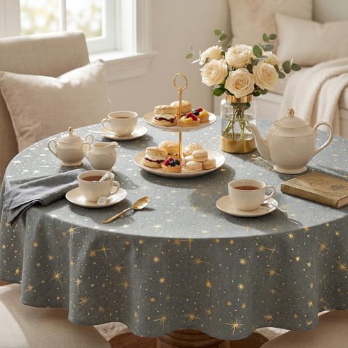Dark Grey Rustic Round Tablecloth 60x60 Inch with Star Sequin Pattern