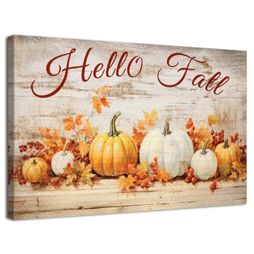 Rustic Fall Pumpkin Wall Art - Hello Fall Canvas Print with Maple Leaves, 16"L x 12"W