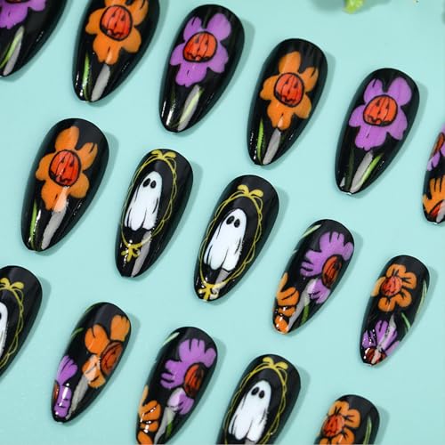 Halloween Almond Press On Nails Set with Ghost Pumpkin Flower Designs - 24 Pcs